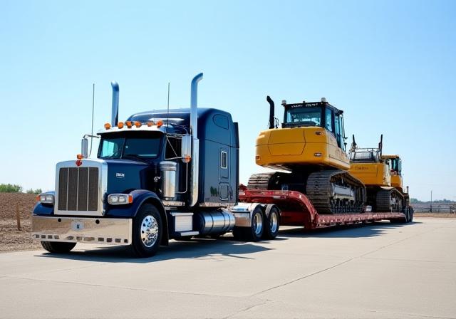 All Star Pro lowboy trailer transporting a large yellow excavator to an Okemos job site