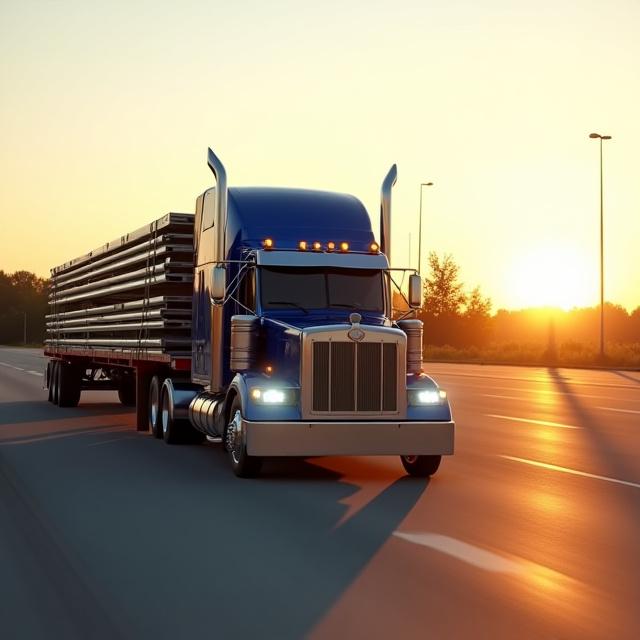 Flatbed truck transporting structural steel beams to a Michigan construction site