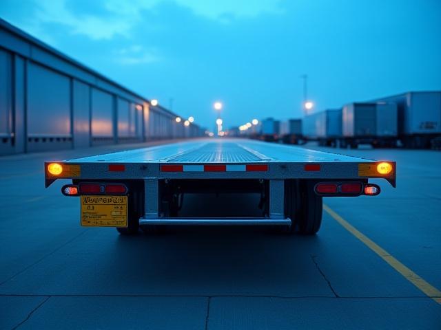 Extendable flatbed trailer hauling long steel beams