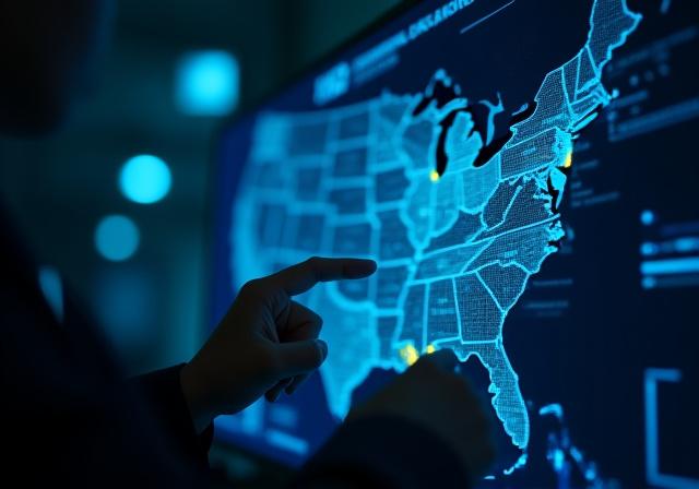 Logistics coordinator tracking a cross-country route on a digital display