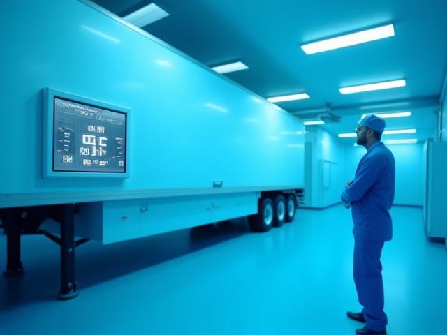 Technician checking temperature-controlled medical shipment cargo unit